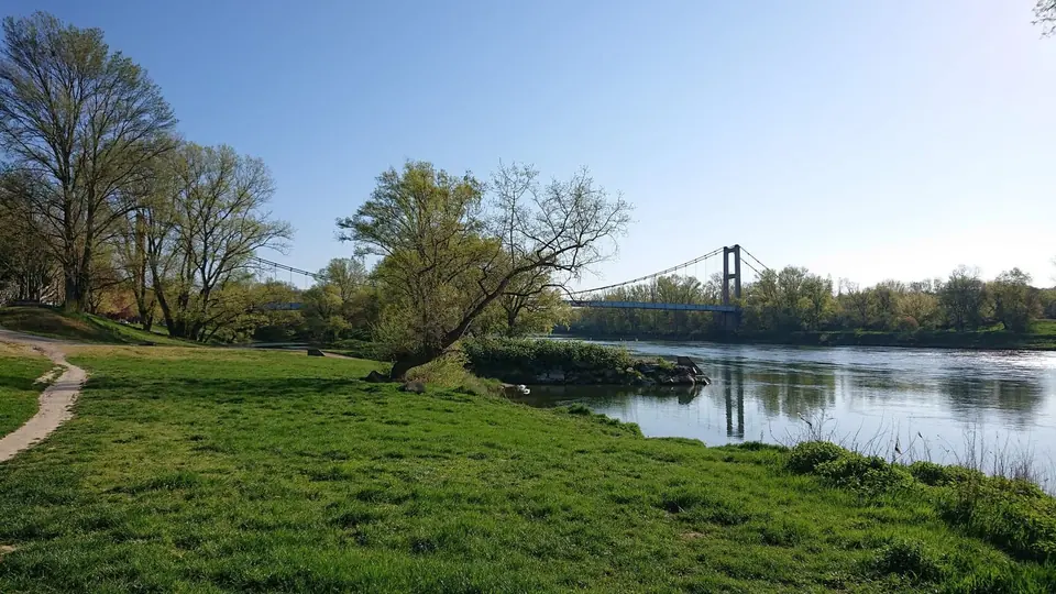 Le pont suspendu de Vernaison, vu depuis les pelouses de la berge au printemps
